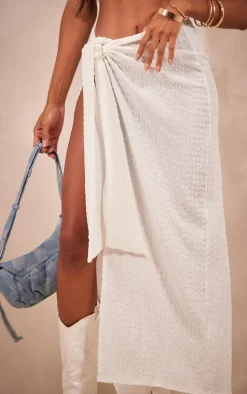 White Textured Jersey Wrap Knot Side Midaxi Skirt