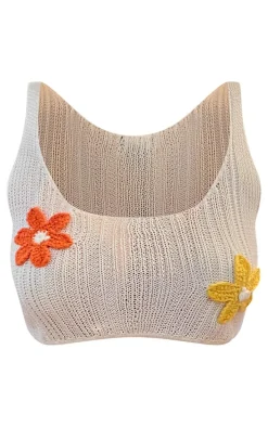 White Textured Knit Floral Applique Cami Top