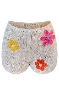 White Textured Knit Floral Applique Mini Shorts
