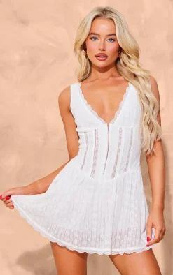 White Textured Lace Corset Detail Floaty Romper