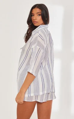 White Textured Linen Look Striped Oversized Short Sleeve Shirt