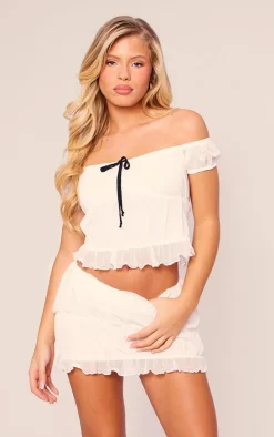 White Textured Mesh Off The Shoulder Bow Detail Crop Top
