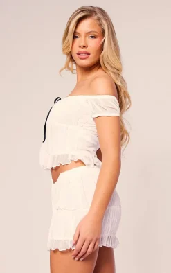 White Textured Mesh Off The Shoulder Bow Detail Crop Top