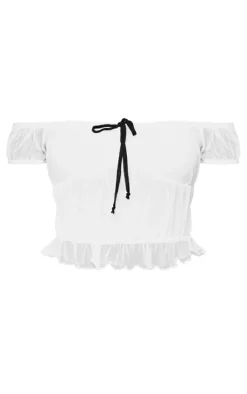White Textured Mesh Off The Shoulder Bow Detail Crop Top