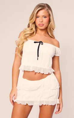 White Textured Mesh Ruched Mini Skirt