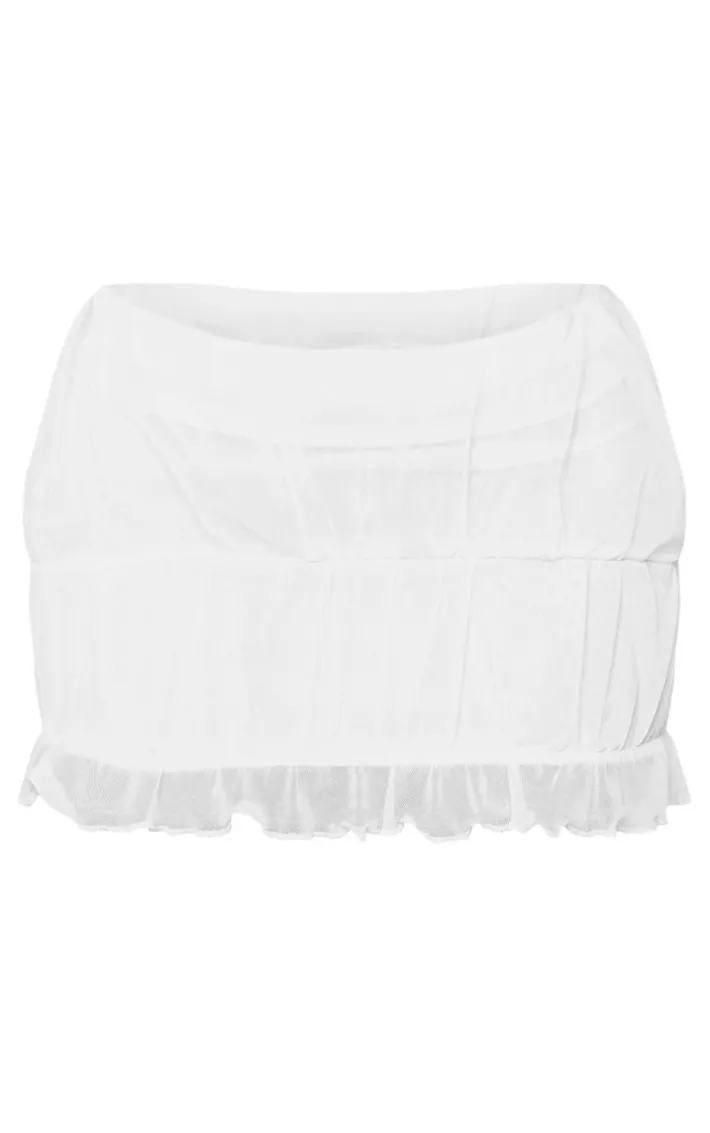 White Textured Mesh Ruched Mini Skirt