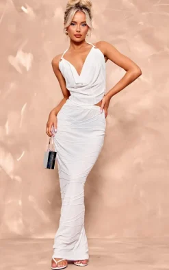 White Textured Mid Rise Maxi Skirt