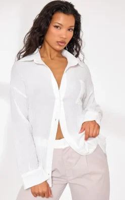 White Textured Pocket Front Oversized Shirt