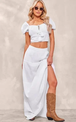 White Textured Puff Sleeve Tie Front Crop Top