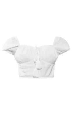 White Textured Puff Sleeve Tie Front Crop Top