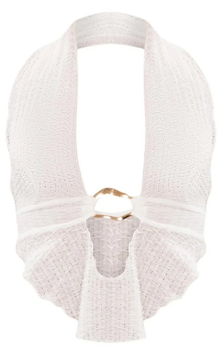 White Textured Ring Detail Halterneck Top