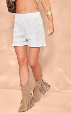 White Textured Ruched Cotton Floaty Hot Pants