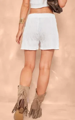 White Textured Ruched Cotton Floaty Hot Pants