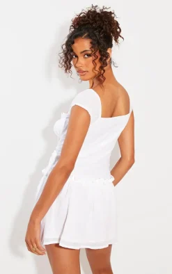 White Textured Ruched Puff Sleeve Bodycon Dress