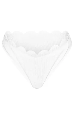 White Textured Scallop Edge High Leg Bikini Bottoms