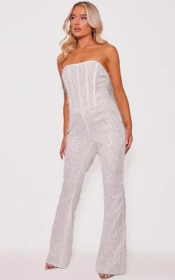 White Textured Sequin Corset Bandeau Jumpsuit