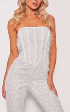 White Textured Sequin Corset Bandeau Jumpsuit