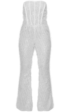 White Textured Sequin Corset Bandeau Jumpsuit