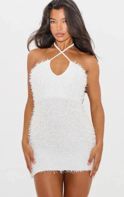 White Textured Sequin Cross Tie Halter Mini Dress
