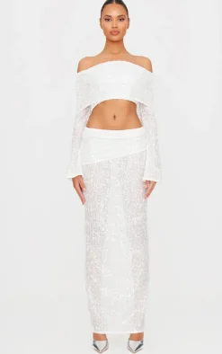 White Textured Sequin Foldover Maxi Skirt