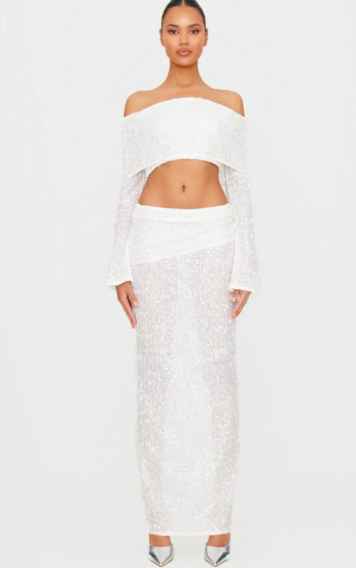 White Textured Sequin Foldover Maxi Skirt