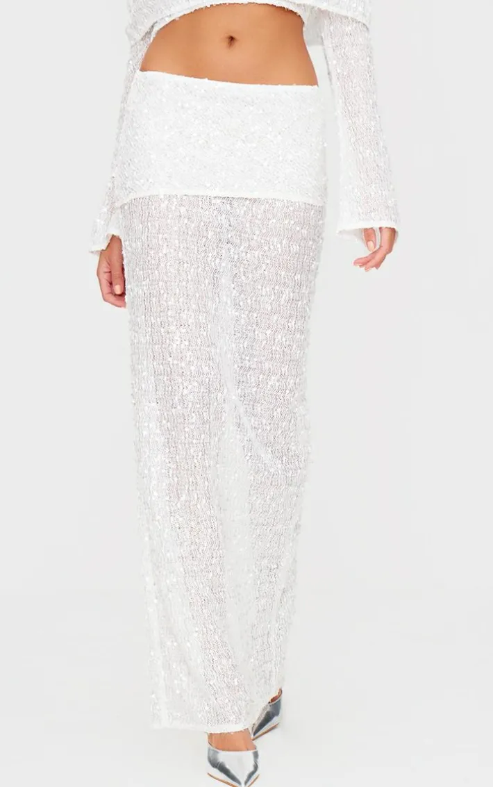 White Textured Sequin Foldover Maxi Skirt