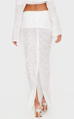 White Textured Sequin Foldover Maxi Skirt