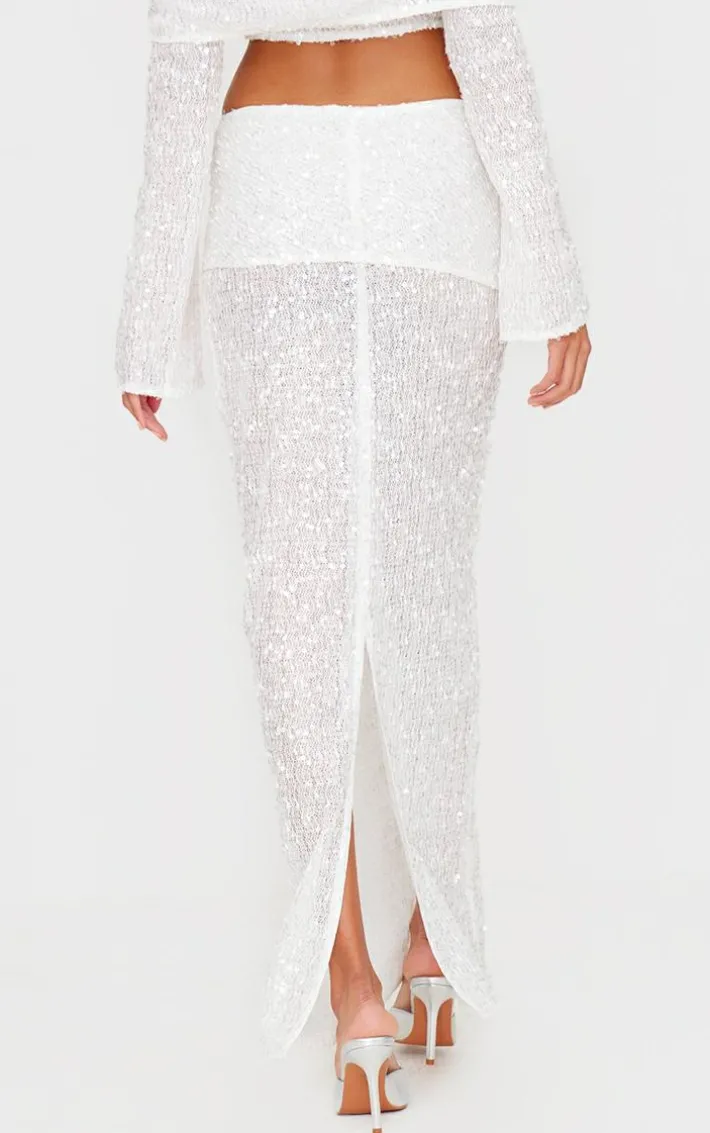 White Textured Sequin Foldover Maxi Skirt