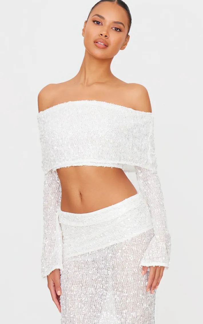 White Textured Sequin Foldover Maxi Skirt