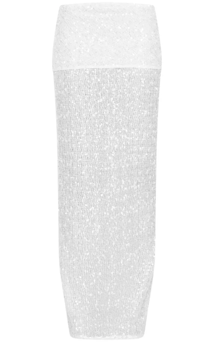 White Textured Sequin Foldover Maxi Skirt
