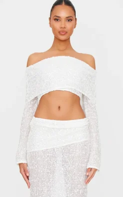 White Textured Sequin Foldover Bardot Top
