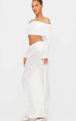 White Textured Sequin Foldover Bardot Top
