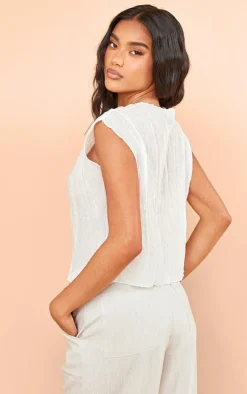 White Textured Sheer Crew Neck Sleeveless Top