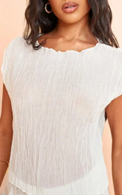 White Textured Sheer Crew Neck Sleeveless Top