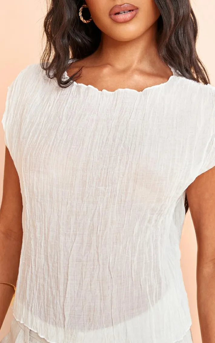 White Textured Sheer Crew Neck Sleeveless Top