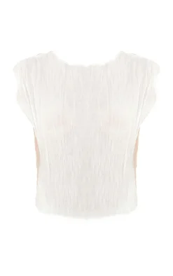 White Textured Sheer Crew Neck Sleeveless Top
