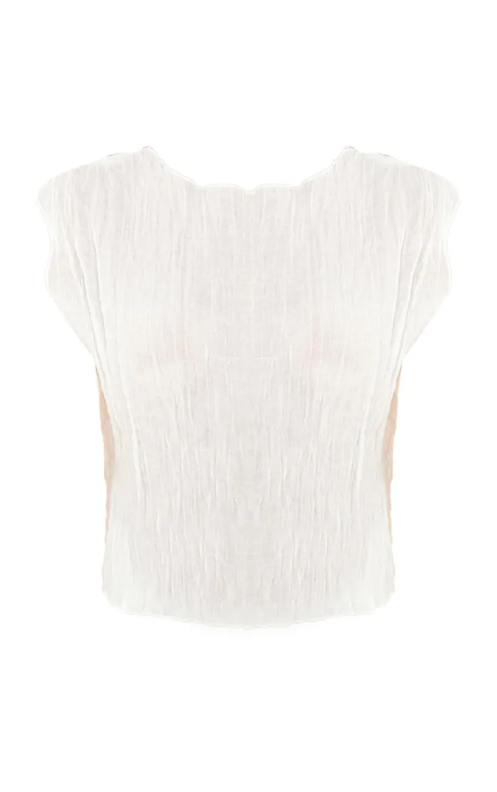 White Textured Sheer Crew Neck Sleeveless Top