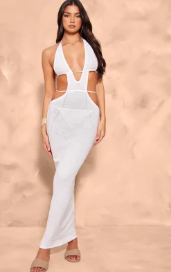 White Textured Sheer Knit Ruched Cut Out Halterneck Dress