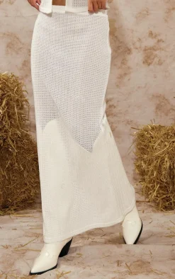 White Textured Sheer Rib Low Rise Midi Skirt