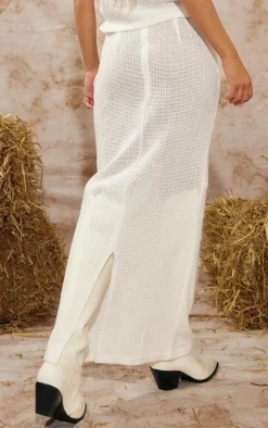 White Textured Sheer Rib Low Rise Midi Skirt