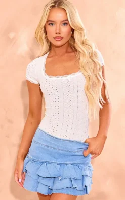 White Textured Stretch Lace Trim Short Sleeve Bodysuit