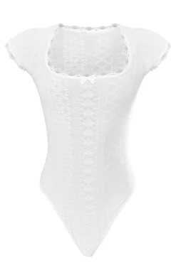 White Textured Stretch Lace Trim Short Sleeve Bodysuit