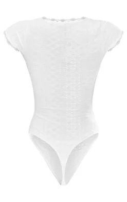 White Textured Stretch Lace Trim Short Sleeve Bodysuit