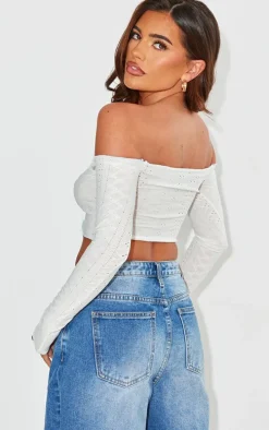 White Textured Stretch Ribbon Trim Long Sleeve Bardot Crop Top