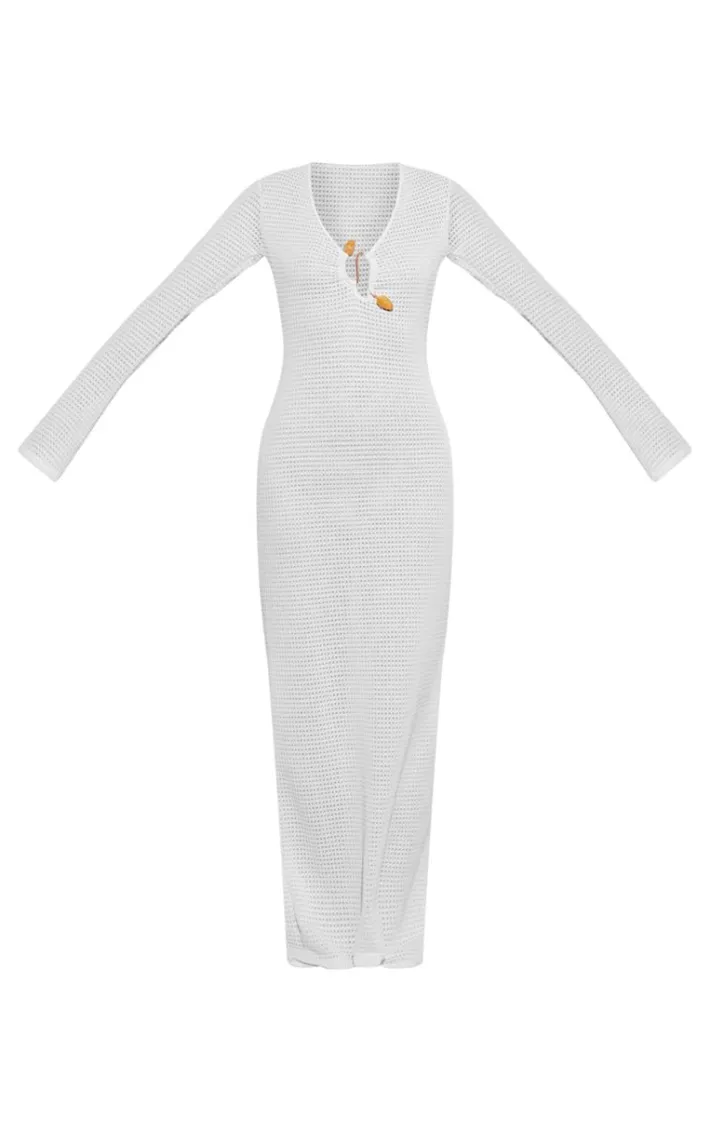 White Textured Trim Long Flared Sleeve Maxi Dress