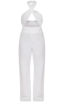 White Textured Twist Front Jumpsuit