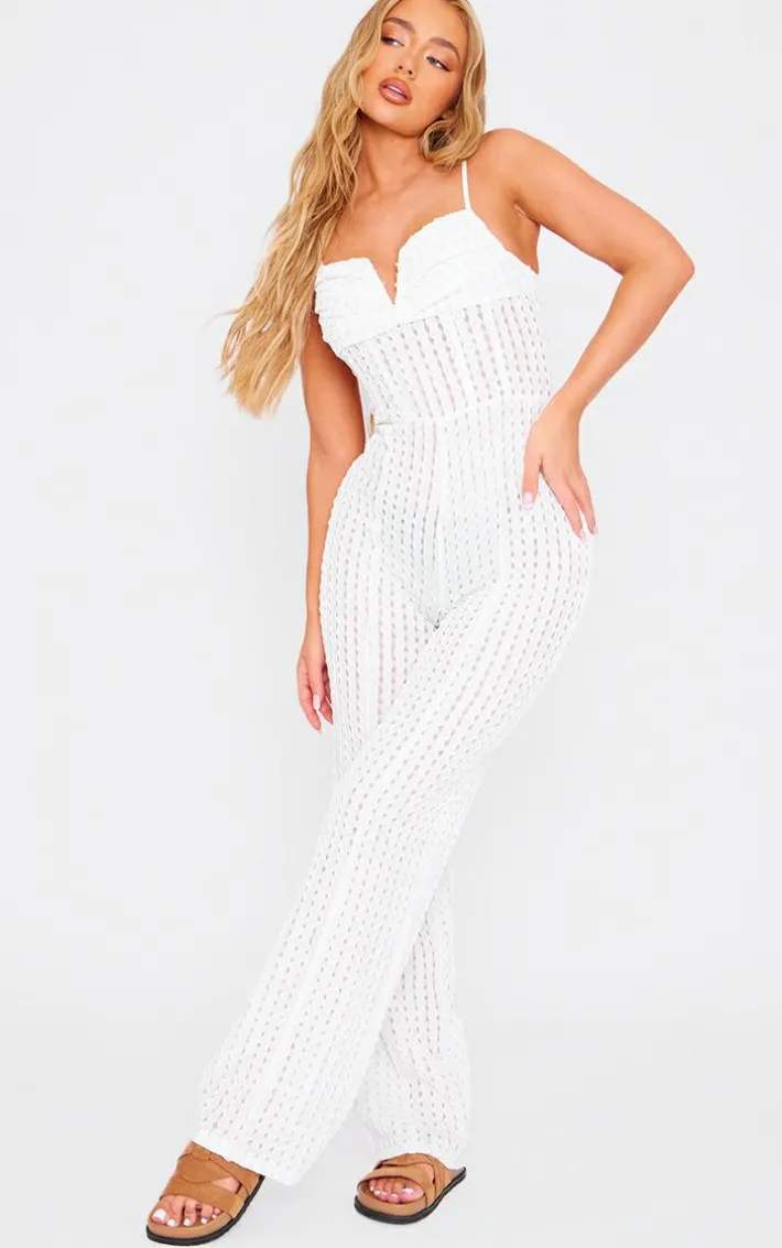 White Textured V Bar Corset Detail Wide Leg Jumpsuit