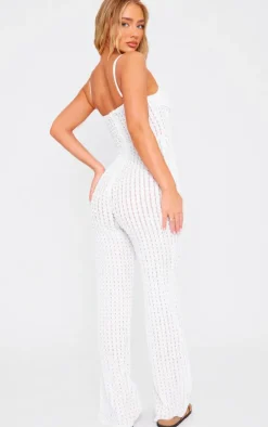 White Textured V Bar Corset Detail Wide Leg Jumpsuit