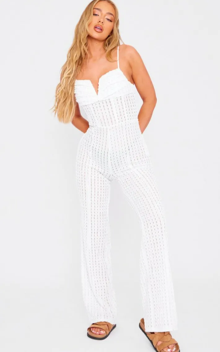 White Textured V Bar Corset Detail Wide Leg Jumpsuit