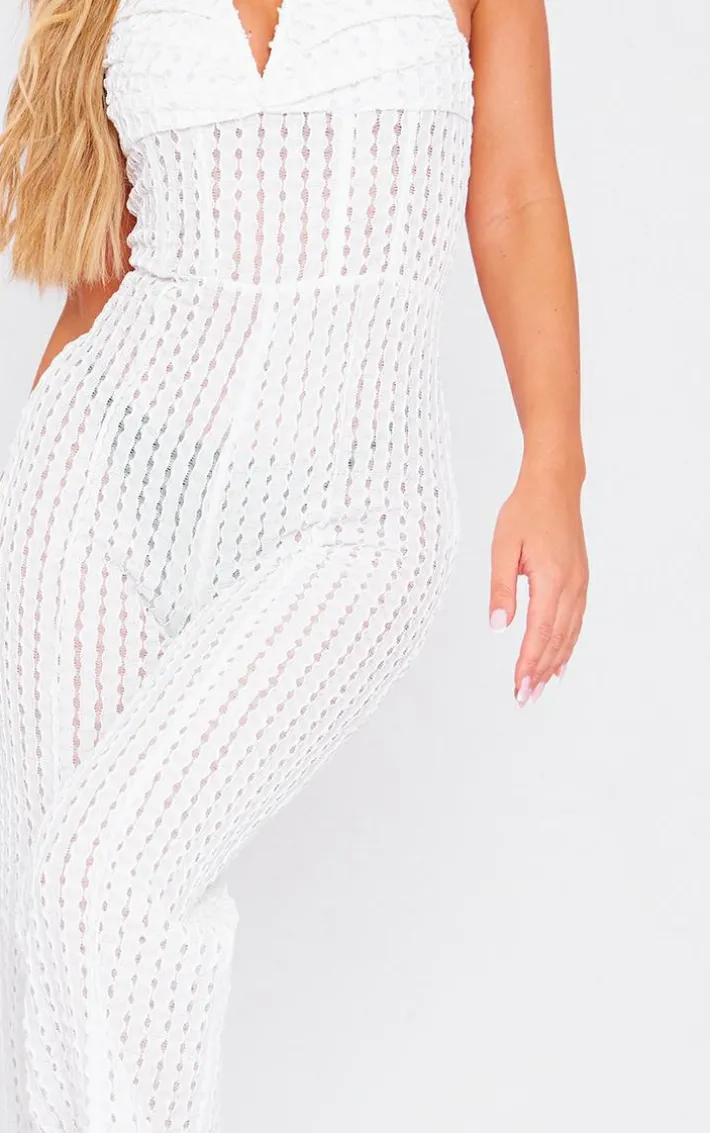 White Textured V Bar Corset Detail Wide Leg Jumpsuit